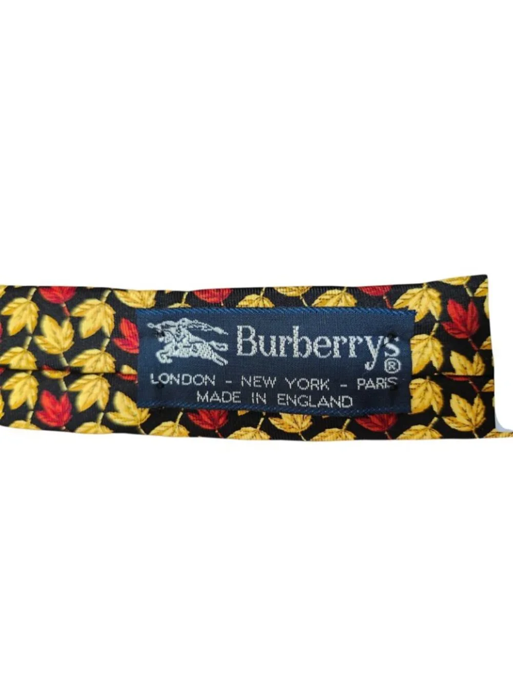 Vintage Burberrys of London 100% Silk Tie Black Red Gold Leaf Print England